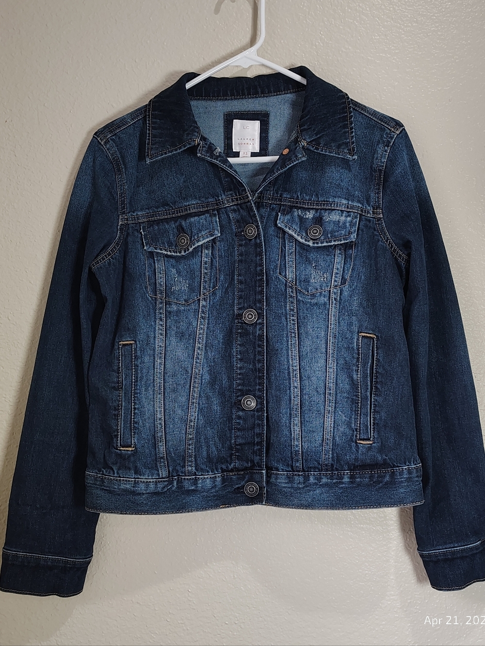 LC Blue Denim Distressed Trucker Bikers TIMELESS CASUAL Jean Jacket Women's XS